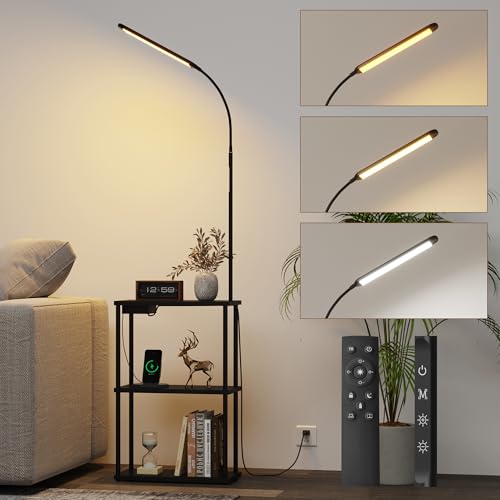 Image of Qupui LED Floor Lamp with Table, 15W Dimmable, USB Charging, Black