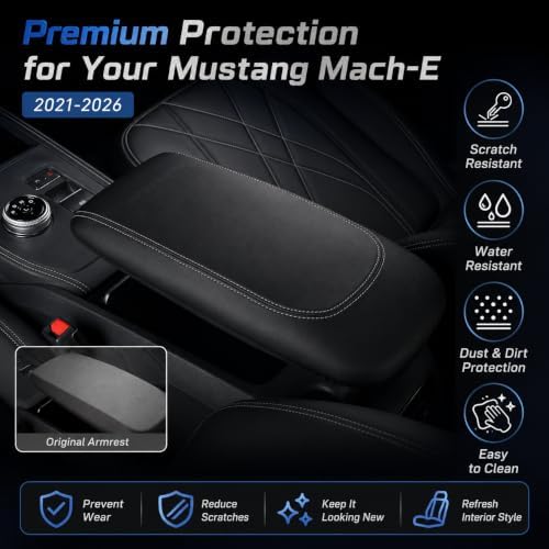 Great-luck PU Leather Center Console Armrest Cover Compatible with Ford Mustang Mach-E 2021 2022 2023 2024 2025 2026, Custom Fit Armrest Pad Protector, Armrest Box Cover Accessories, Grey Stitches - 2