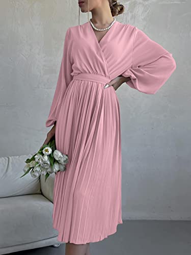 Prettygarden Women's Fall Midi Dress Long Puff Sleeve Wrap V Neck Flowy Ruffle Pleated Casual Dresses (Pink,Medium) #TOP1