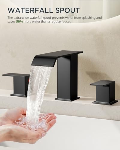 Foriousmatteblackwaterfallbathroomfaucets3hole8inchwidespread2handlesbathroomsinkfaucetwithpopupdrainandflexiblehotandcoldwaterhosessuitableforvanityrvrestroom  Urban Country Home Decor Forious matte black waterfall bathroom faucets 3 hole 8 inch widespread 2 handles bathroom sink faucet with pop up drain and flexible hot and cold water hoses suitable for vanity rv restroom  urban country home decor