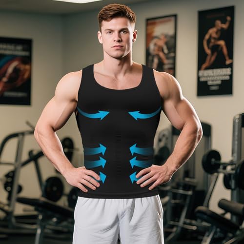 Mens Slimming Body Shaper Vest, Gynecomastia Compression Shirts, Tummy Control Undershirts Black