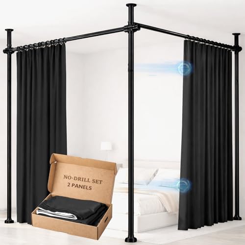 Image of Room Divider Curtain Set-No Drilling Curtain Rod Set, Room Divider Wall for Partition Room Dividers, Bedroom Divider Black-100 W x 84 inch L(Pack of 2)