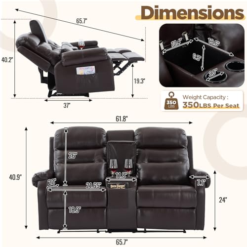 Image of RV Loveseat Recliner with Console, Reclining Loveseat Sofa, Manual Home Theater Seating with Pockets /Cup Holders for Living Room /RV Furniture (Chocolate PU)
