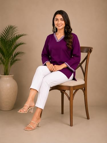 Image of Rayon Solid Straight Kurti Top for Women | V-Neck Ethnic Tunic | Neck and Sleeve Border | Stylish Casual Office Wear Short Kurti for Women