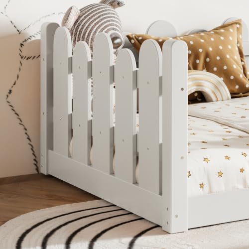 Image of Bellemave Twin Size Kids Montessori Floor Bed,Floor Bed Frame with Rounded Safety Guardrail,Solid Wood Montessori Bed for Girls Boys,White