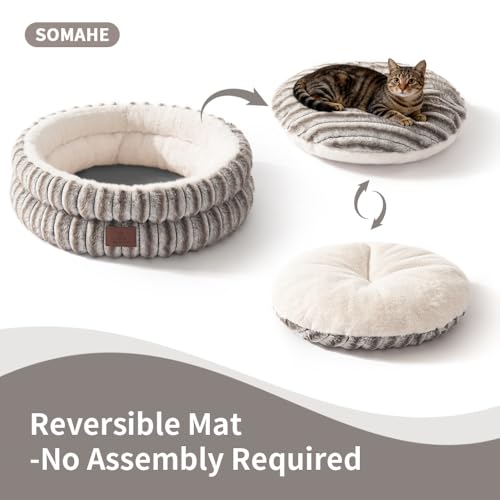 SOMAHE Cat Bed for Indoor Cats, Washable Round Plush, 20x20 Taupe Gray | Reversible Cushion + Machine Washable: soft round cat bed with plush raised sides for cozy indoor naps. - Image 8