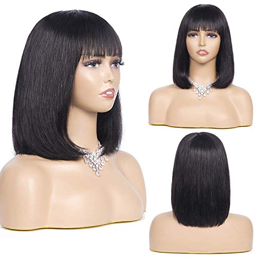 Rebasar Bob Human Hair Wigs with Bangs None Lace Front Wigs Brazlian Straight Hair Bob Wigs for Black Women Human Hair Glueless Machine Made Wear and Go Natural Color 14 Inch