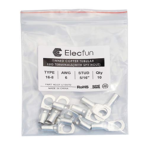 Elecfun 10Pcs 6Awg 5/16" Stud Heavy Duty Cable Lugs With Spy Hole Battery Cable Tinned Copper Ring Terminal Connectors Tk16-8 #TOP6