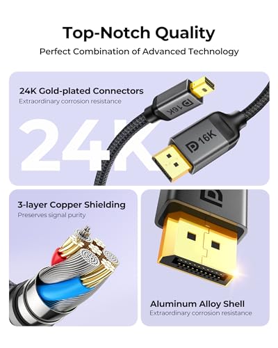 Image of Silkland 16K Mini DisplayPort to DisplayPort 2.1 Cable, [16K@60Hz, 8K@120Hz, 4K@240Hz] 80Gbps Bi-Directional, HDR, G-Sync, Mini DP [Thunderbolt 2] for Gaming Laptop, MacBook, Monitor,6.6FT