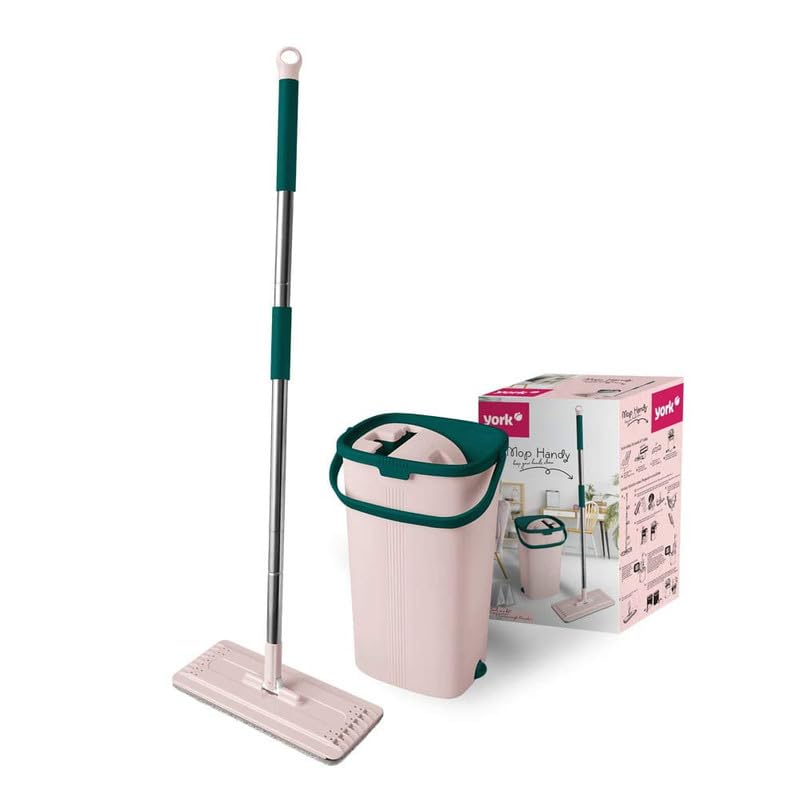 YORK Hands-Free Squeeze Microfiber Flat Spin Mop System 360° Flexible Head (32X12 cm) with Bucket, 59.8'' Extended Stainless Steel Handle with with Extra 1 Super-Absorbent Reusable Microfiber Pads