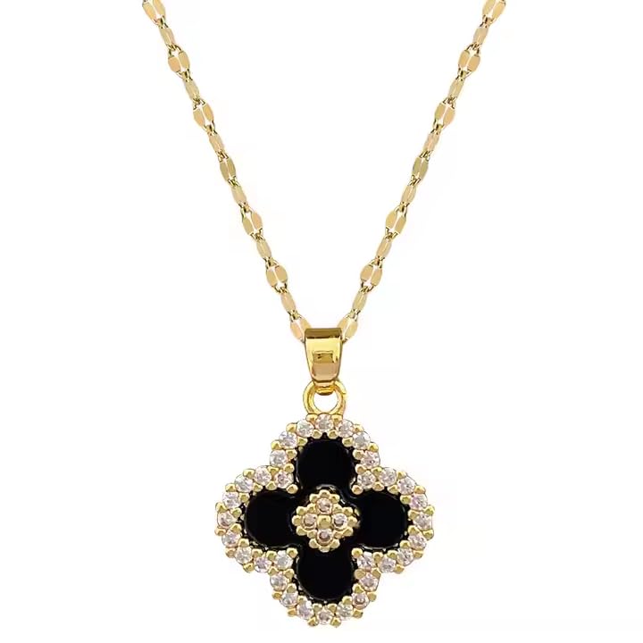 Gold Tone Necklace with Black Enamel Pendant, Crystals Four leaf Clove Charm