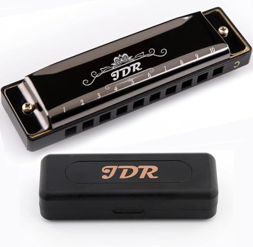 JDR Harmonica Blues C Key 10 Hole 20 Tone Mouth Organ with Case Diatonic Armonica for Professional Player Beginner Students Adults Friends Teacher Parents Stainless Steel Black