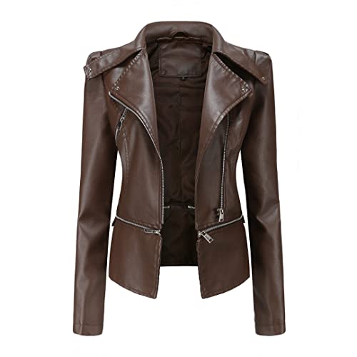 Suwequest Chaqueta de cuero para mujer extraíble Chaqueta con cremallera para motociclista de primavera y otoño, chaqueta de motocicleta, color negro, café, XL