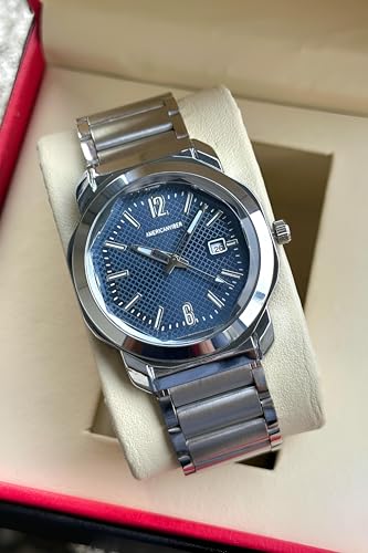 Image of AMERICANVIBER Men's Stainless Steel Watch, White Textured Dial, Analog Quartz Movement, Date Display, Water-Resistant, Silver Tone Bracelet for Men