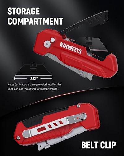 Image of KAIWEETS Utility Knife Scraper, 2-in-1 Folding Box Cutter with Blade Storage, Heavy Duty Zinc Alloy Body, Retractable Design, 12pcs SK2 Black Blades replacement, EDC Tool for Home, Office, DIY- Red