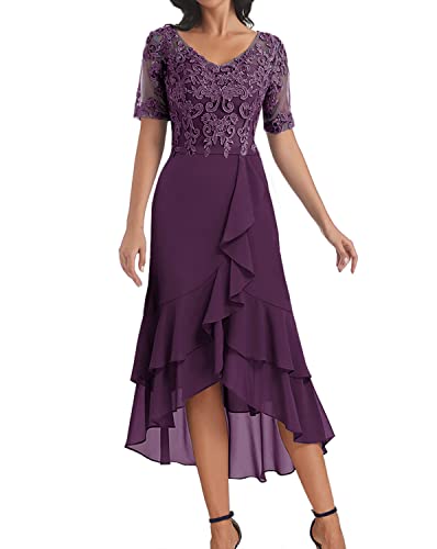 Wedding Guest Dresses For Women Lace Short Mother Of The Bride Dresses Chiffon Evening Gown Plum #TOP8