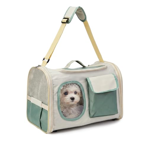 Image of Amazon Basics Premium Pet Carrier Backpack | White- Sage Green | Spacious and Breathable Design | Durable Travel Bag for Cats, Kittens and Puppies | 41cm x 26cm x 30cm