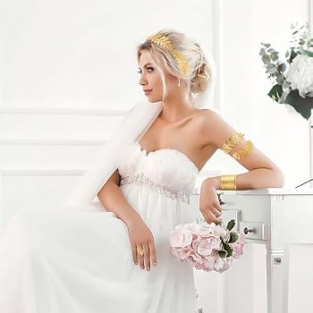 Sprießen 5 Pièces Set Déesse Grecque Doré – Couronne Laurier, Bracelet, Boucles Perles, Peigne & Bandeau Bras