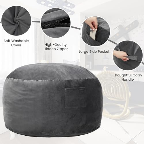 Kromax Bean Bag Chair for Adults, Teens, Kids, Boys, and Girls, Memory Foam, Easy to Clean Washable Soft Suede Cover, Perfect for Living Room, Den, Bedroom, or Dorm, Dark Grey