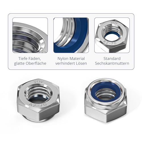 ORTAVA Sechskantmuttern M6, Sechskantmuttern Sicherungsmutter, Edelstahl Standard M6 Mutter, 10 Stück Selbstsichernde Muttern, Stoppmuttern Kontermuttern Set