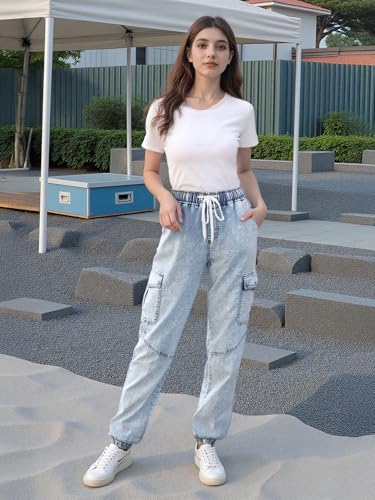 Women's Cargo Joggers Pants with Pockets - High Waisted Elastic Waist Jeans with Drawstring, Stretchy Comfort Fit4