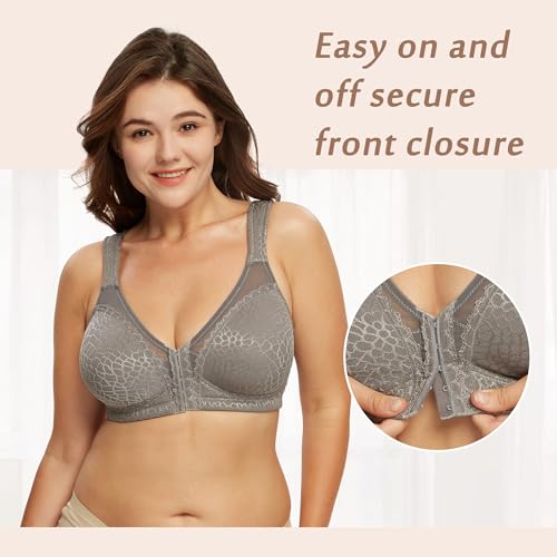 DotVol Women\'s Full Figure Front Closure Wirefree Jacquard Back Support Posture Bra(Grey,42DD) - Thumbnail 4