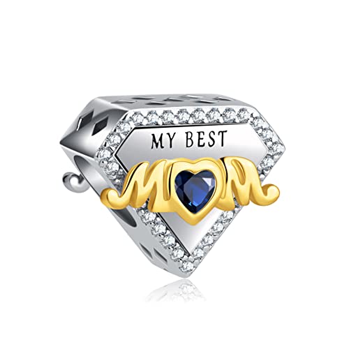 JORLLA 925 Sterling Silver Charms for Bracelets and Necklaces Gold Plated My Best Mom Crystal Heart Birthstone Bead Charms Jewelry Gift for Women Girls, Sterling Silver, Zircon