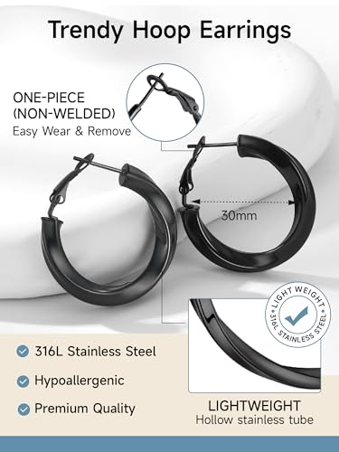 Image of Stainless Steel Chunky Hoop Earrings For Women, Minimalist and Chic, Black /Gold Plated, Round Hoops Earrings Hypoallergenic, Size: 30mm /40mm /60mm /80mm, Come with Box