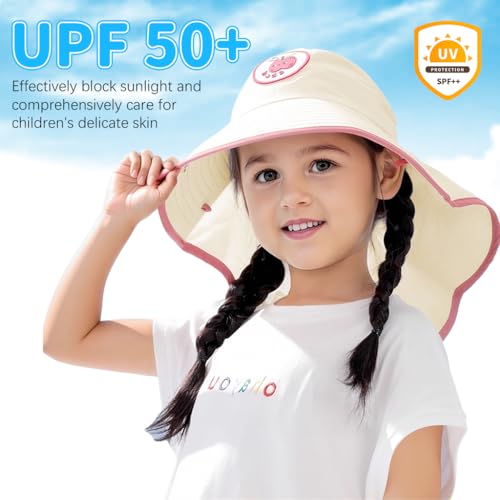 Image of SNOWIE SOFT Wide Brim Sun Hat for Kids Girls with Neck Flap Shawl, UPF 50+ Adjustable Chin Strap Sun Protection Hat for Girls 2-10 Years Old, Summer Breathable Sun Visor Hat Windproof Beach Hat