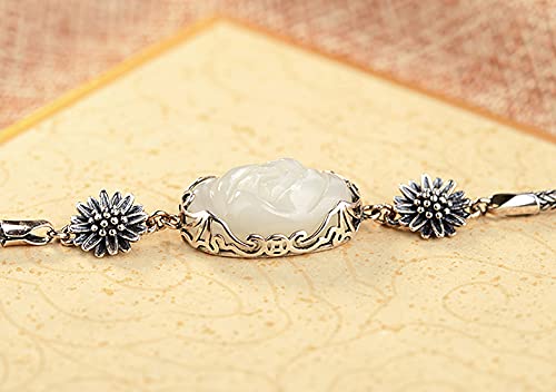 Bracelet en Jade Blanc et Argent 925 : bijoux femme raffinés avec motif fleur de rose élégante - 2
