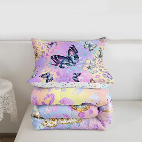 Image of Feelyou Colorful Butterfly Comforter Set Queen Rainbow Watercolor Printed Quilt Bedding for Girls Kids Bedroom Tie Dye Leopard Cheetah Teen Bed 1 and 2 Pillowcases