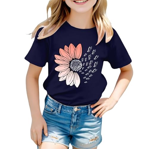 Girls Loose Fit Sunflower Graphic T Shirts Short Sleeve Crewneck Cute Pattern Printed Tops (B-Dark Blue, 12-13 Years)3