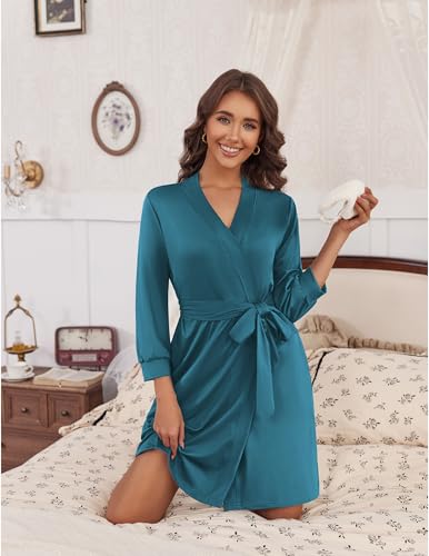 Image of Ekouaer Women's Robes Lightweight 3 /4 Sleeve Short Knit Bathrobe Soft Knee Length Sleepwear Robes with Pockets S-XXL