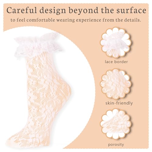 Image of 3 Pairs Womens Lace Ankle White Ruffle Frilly Dress Sexy Mesh Lace Trim Lolita Sock Lacy Ruffled Bootie Socks