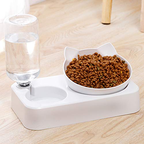 Hawiton Double Cat Bowls with Water Dispenser - Pets Water and Food Bowl Set, 15°Tilted Slow Cat Feeder Bowl with Automatic Waterer Bottle Spill Proof Bowl for Small or Medium Size Dogs Cats - Thumbnail 7