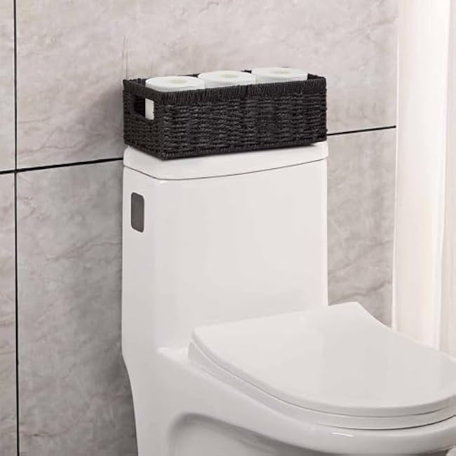 Vagusicc Wicker Storage Basket, Paper Rope Wicker Baskets with Handles, Toilet Paper Basket for Toilet Tank Top, Small Wicke Baskets for Organizing Shelves, 2-Pack, Black