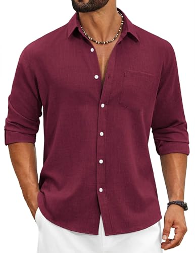 Chemise été homme XL en coton lin pour rester au frais en rouge vin