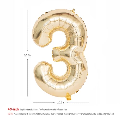 Image of 40 Inch Light Gold 3 Number Balloons Large Champagne Gold Number | White Gold Giant 3 Foil Mylar Helium Digital Balloon for 3th or 3st Anniversary Party Decorations Supplies