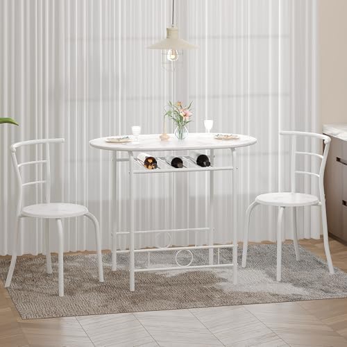 Image of VECELO 3-Piece Dining Table Set for Kitchen Breakfast Nook, Faux Marbled Oval Tabletop and Metal Frame with Built-in Wine Rack, for Small Spaces, White