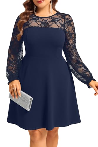 Image of Plus Size Cocktail Dress - Lace Wedding Guest Party Crew Neck Short A Line Dresses Women