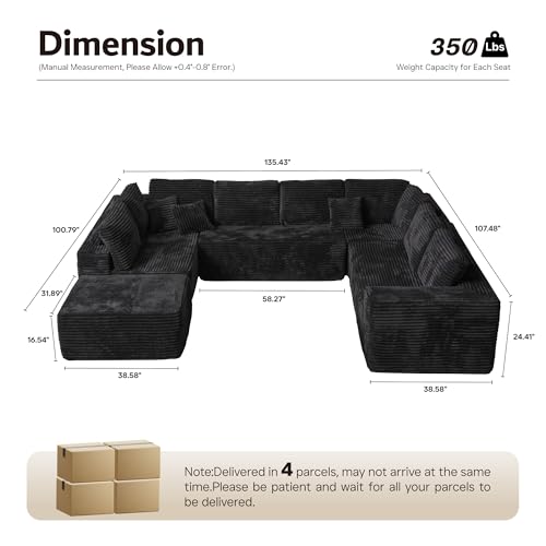 ovios Sectional Cloud Couch for Living Room, Modular Floor Sofa with Plush Corduroy, No Assembly Required, Big Comfy Couches Set with Fluffy Memory Foam, Stupendous U Shaped Sofas with Chaise, Black