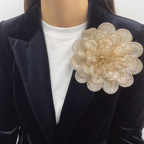 Image of Rhinestone Camellia Flower Big Brooch Lapel Pins for Women Fashion Crystal Fabric Floral Brooches Pin for Dresses Suit Accessories Jewelry Boutonniere Corsage Wedding Party 140mm
