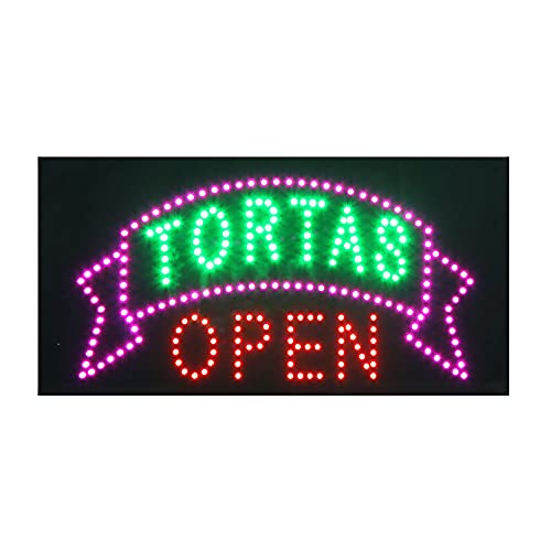 LED Taco Sign for Business, Super Bright LED Taco Light for Mexican Restaurant Decor, LED Open Sign for Food Business, Electric Advertising Display Sign for Business. (Tortas Open)