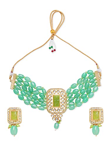 Zaveri Pearls Green Multistrand Beaded Kundan Choker Necklace and Earring Set