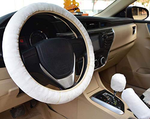 Housse de volant de voiture universelle chaude en peluche, housse de frein à main, housse de levier de vitesse pelucheuse pour intérieur de voiture (manuelle, blanc) Cover