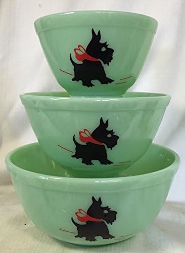 Juego de 3 cuencos mezcladores para anidar, hechos en Estados Unidos, Mosser, cristal de jade con lazo rojo Scottie Dogs