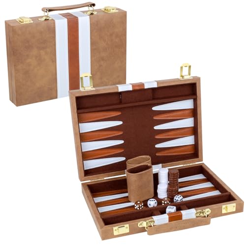 Gesserit Backgammon-Set für 2 Spieler - Klassisches Brettspiel für Erwachsene Mit Hochwertigem PU-Lederetui - Tragbar und Reisefreundlich (Retro-Braun, 11 Zoll)