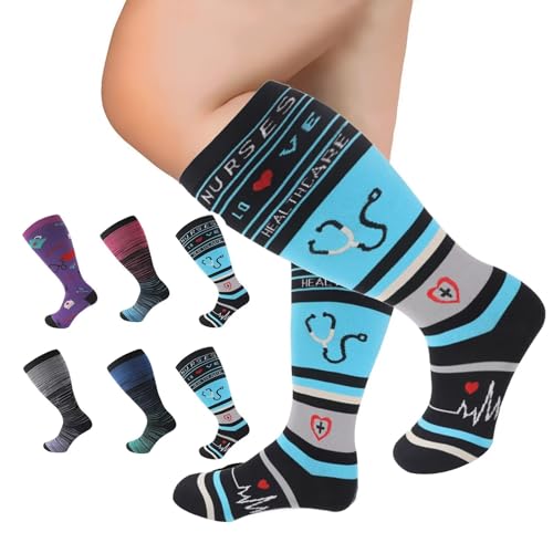 Image of 6 Pairs Plus Size Compression Socks for Women Men 20-30 mmHg, Wide Calf Stockings Best Support for Circulation Running