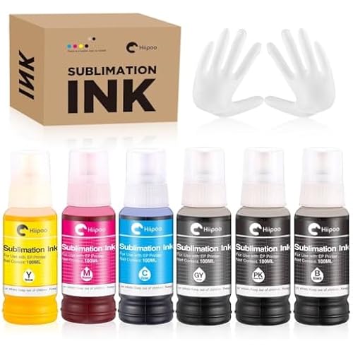 Hiipoo 600ML Sublimation Ink for ET-8500 ET-8550 Wide-Format Supertank Printers Heat Press Transfer on T-Shirt Tumblers (6x100ML, BK PB C M Y GY)
