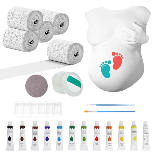 Nzkeuf Set De Impresión De Yeso Para El Vientre De Bebé, Kit 3d De Vientre De Embarazada Con Vendas De Yeso, 12 Pinturas Acrílicas Y Mucho Más, Seguro, Rápido Y Fácil, Molde Tripa Embarazada
